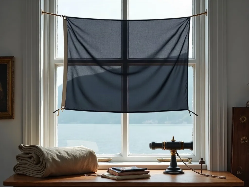 Toile sombre tendue devant la fenêtre par une tringle fine, bande renforcée et œillets métalliques côté hampe.