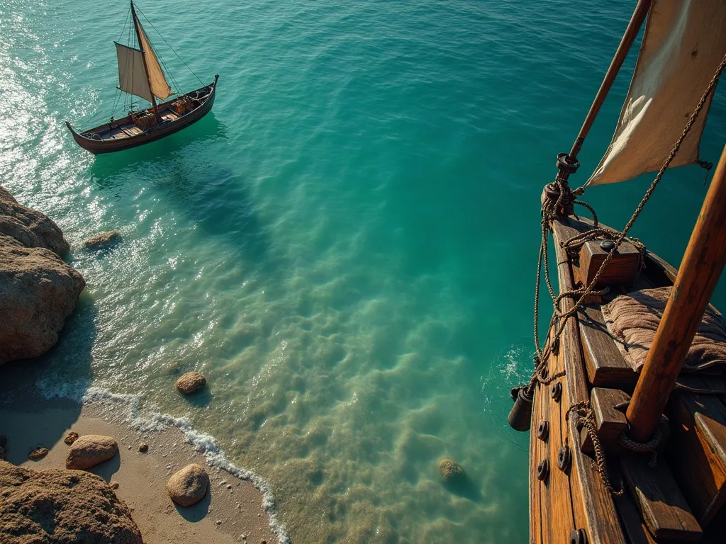 Depuis la proue d'un voilier en bois gréé de cordages, un second bateau à voile latine mouille sur un fond de sable clair, près d'une côte rocheuse.