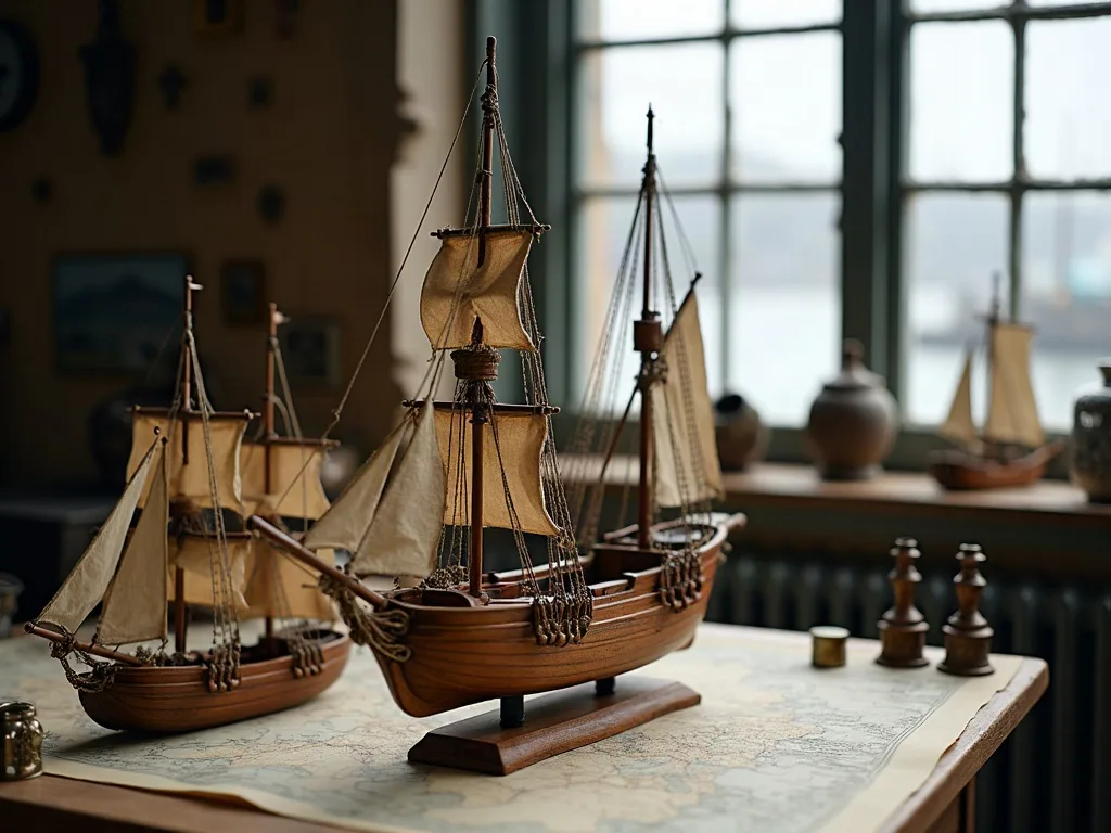 Maquettes en bois aux voiles de toile écrue posées sur une carte marine, près d'une fenêtre à petits carreaux.