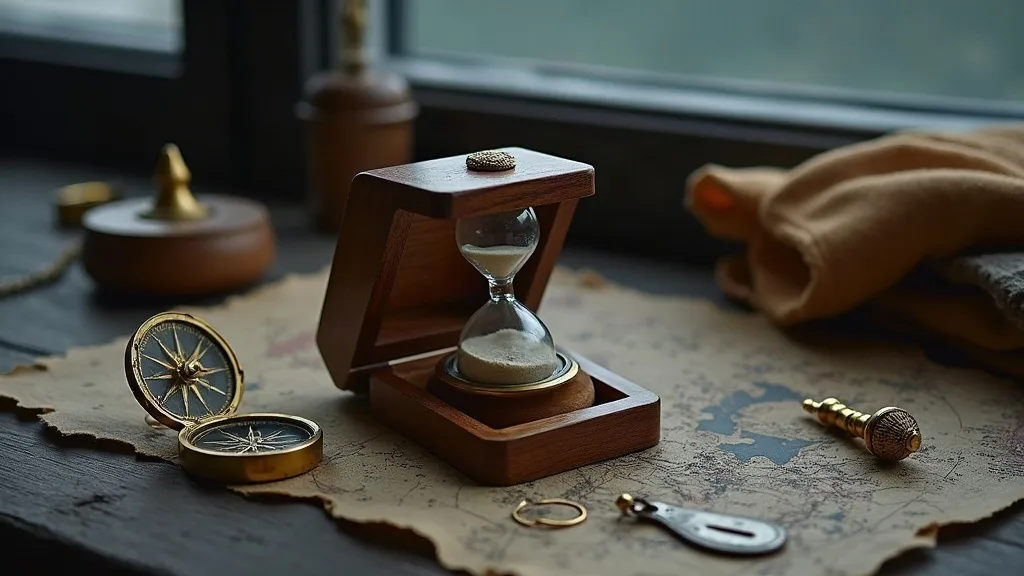 Sablier posé dans son coffret de bois, compas de laiton ouvert et sonde sur une carte marine ancienne.