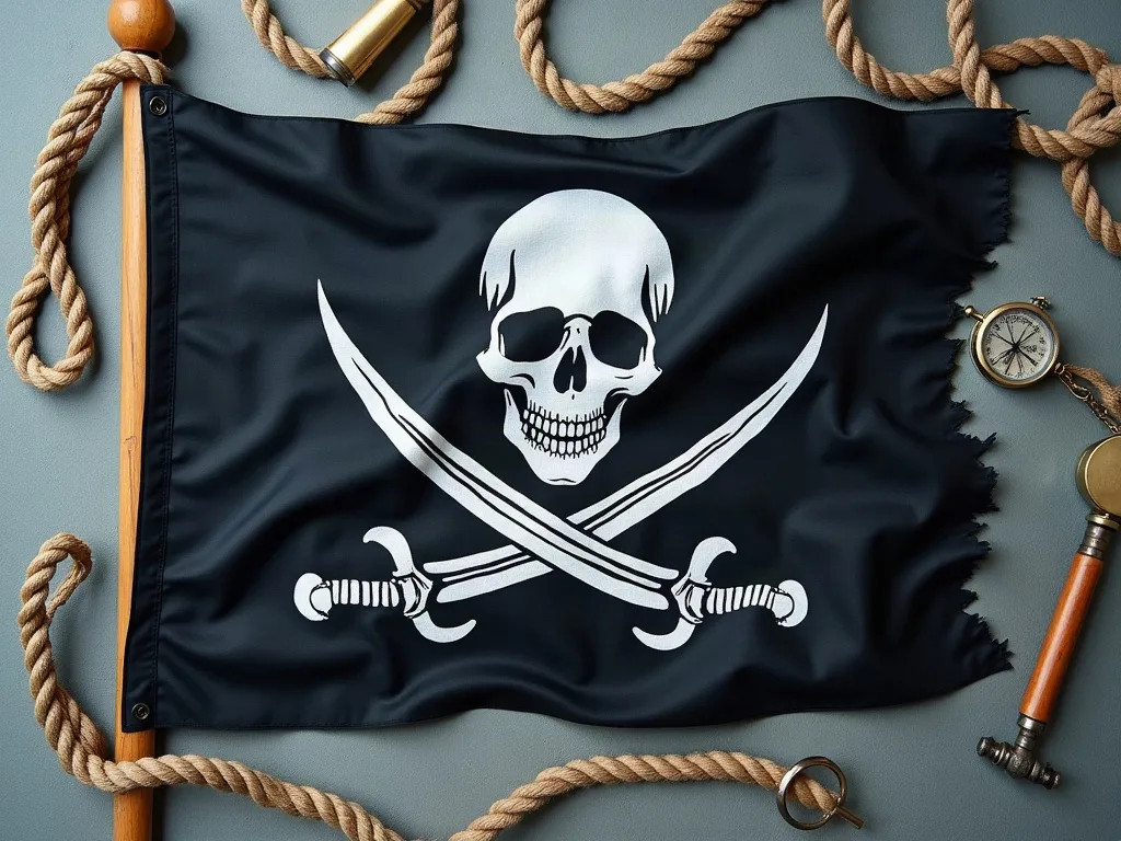 Pavillon noir en polyester à tête de mort et sabres croisés, bande blanche renforcée et deux œillets métalliques, entouré de cordages.