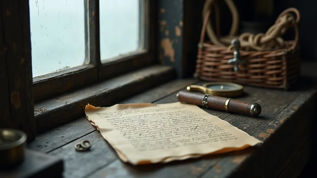 Une déposition manuscrite aux bords brûlés, posée près d'une longue-vue et d'un panier d'osier, sous la lumière d'une fenêtre embuée.