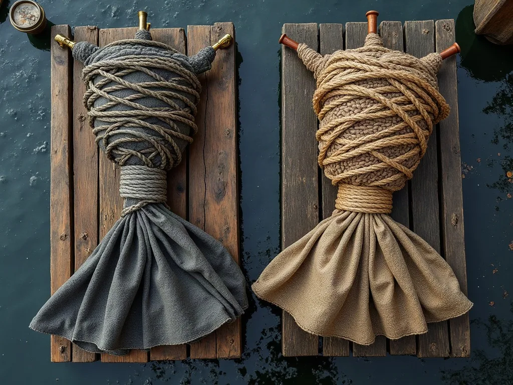 Deux ballots de cordages et toile grossière ficelés sur des planches de bois usées, au bord de l'eau sombre.