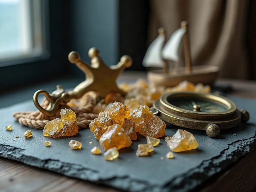 Éclats ambrés et fragments de quartz posés sur une plaque d'ardoise brute, près d'une boussole en laiton.