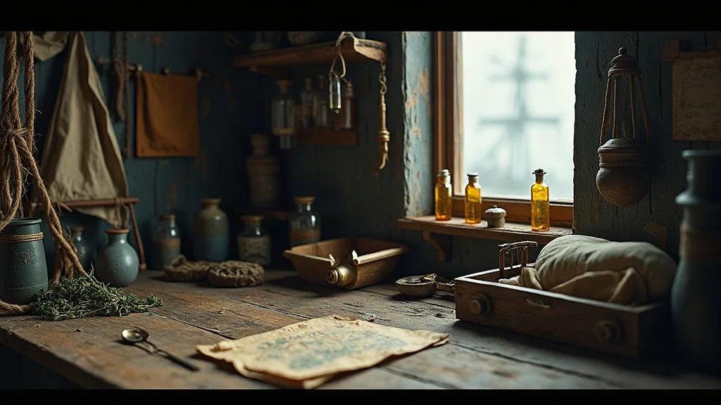 Table en bois brut d'une cabane de marais: fioles ambrées sur l'appui de fenêtre, herbes séchées, cordages et parchemin taché.