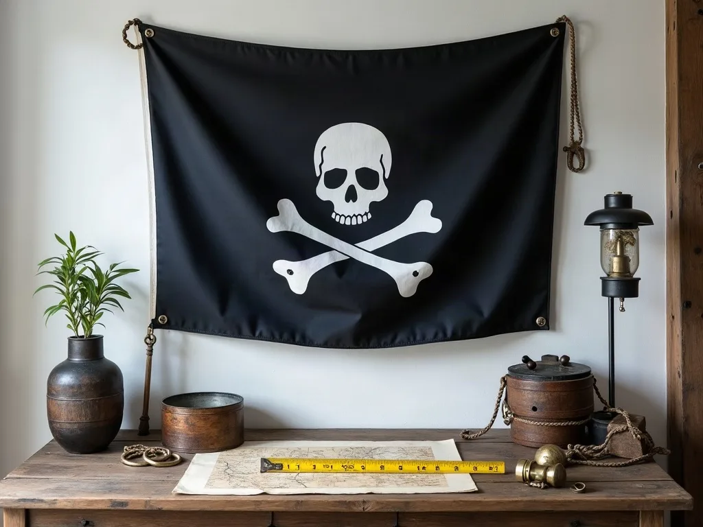 Pavillon noir à tête de mort tendu par ses œillets au-dessus d'un bureau en bois, mètre ruban déroulé sur une carte.