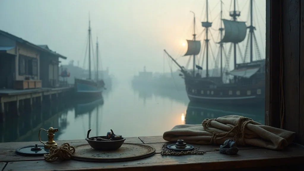 Objets marins et textiles sur un rebord de fenêtre donnant sur un port brumeux avec voiliers traditionnels à l'aube.