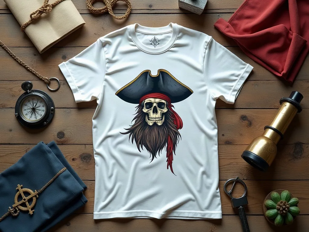 T-shirt blanc à plat sur des planches de bois, tête de pirate imprimée au centre, entouré d'une boussole, d'une longue-vue en laiton et de textiles pliés.