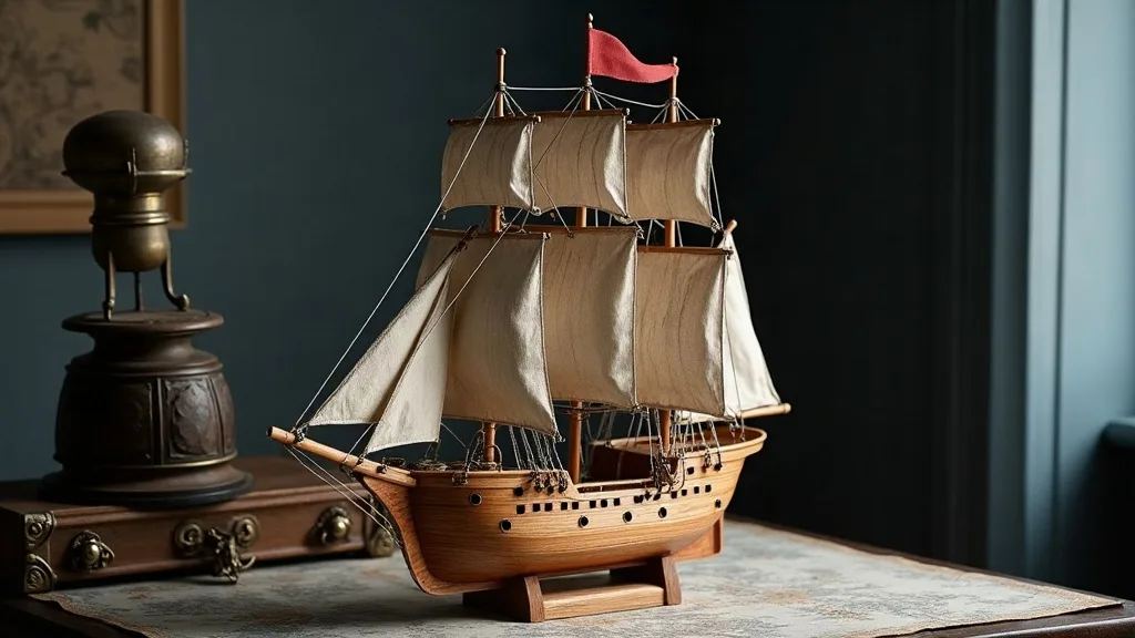 Maquette de trois-mâts en bois clair, voiles de toile et sabords sur un seul rang, posée sur une carte ancienne.