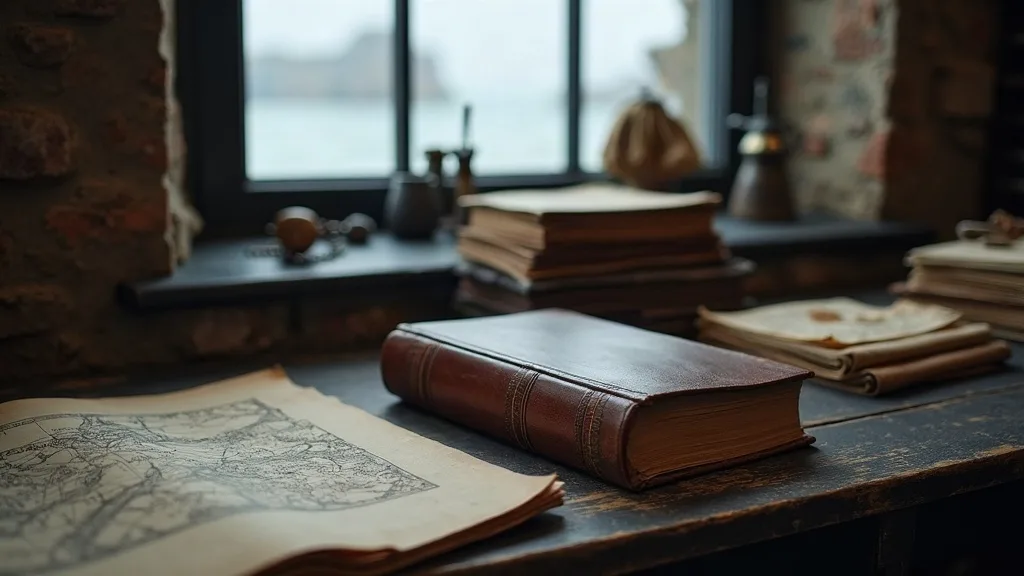 Un volume relié en cuir posé sur une table de bois sombre, entre une carte dépliée et des liasses de documents anciens près de la fenêtre.