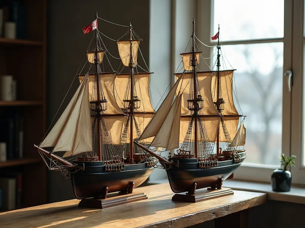 Deux maquettes de trois-mâts à coque noire, voiles écrues, posées sur leurs socles près d'une fenêtre.