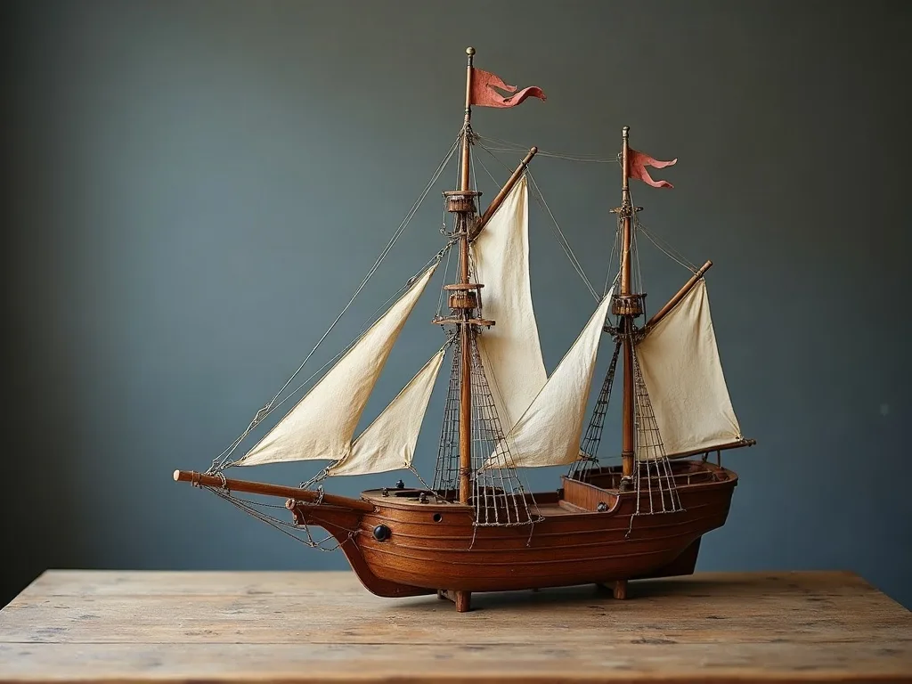 Maquette en bois d'un trois-mâts marchand, coque longue et basse sur l'eau, voiles écrues et gréement fin, posée sur une table de bois brut.