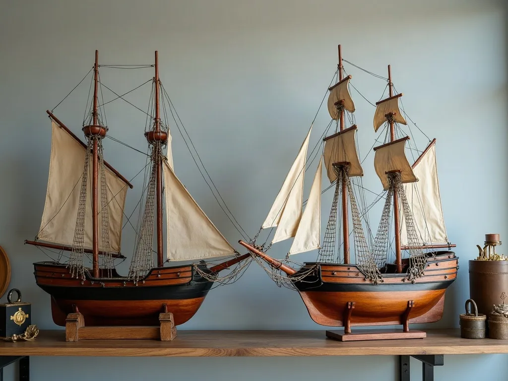 Deux maquettes de voiliers à coques bois et gréement détaillé posées sur socles, alignées sur une étagère en chêne.