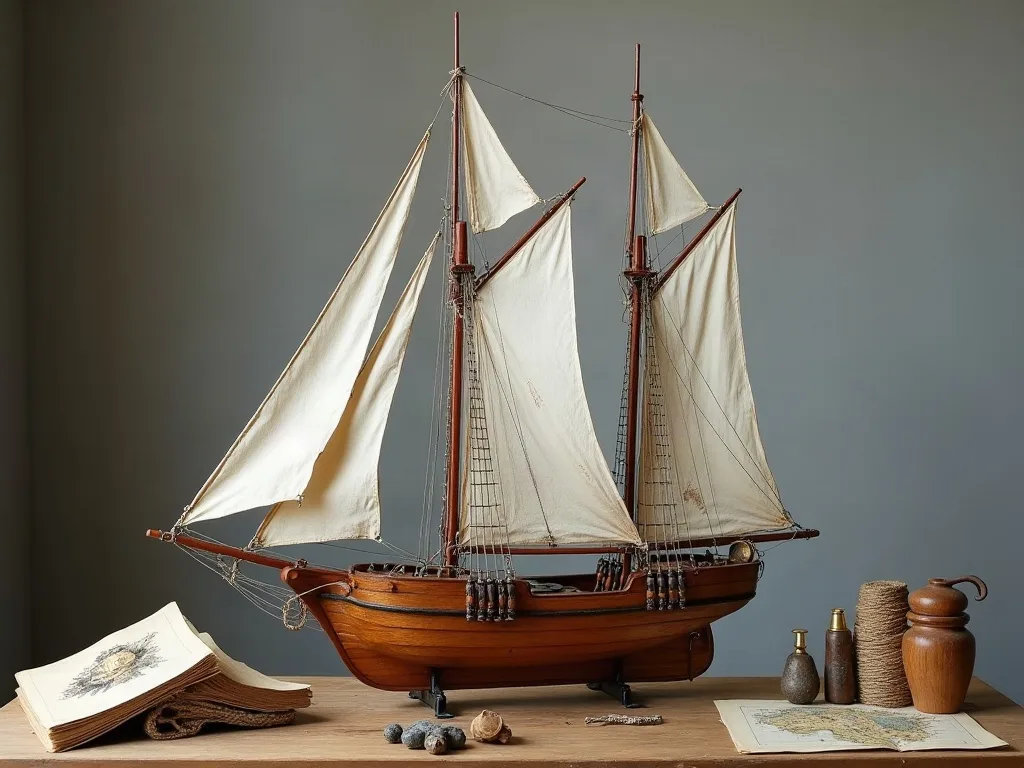 Maquette en bois d'une goélette à deux mâts, coque peu profonde sur ber, entourée de cartes, cordages et flacons.