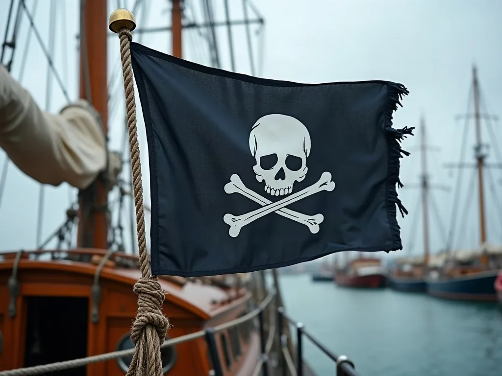 Pavillon noir à tête de mort hissé sur une drisse tressée, le long d'un bordé verni, mâts du port derrière.