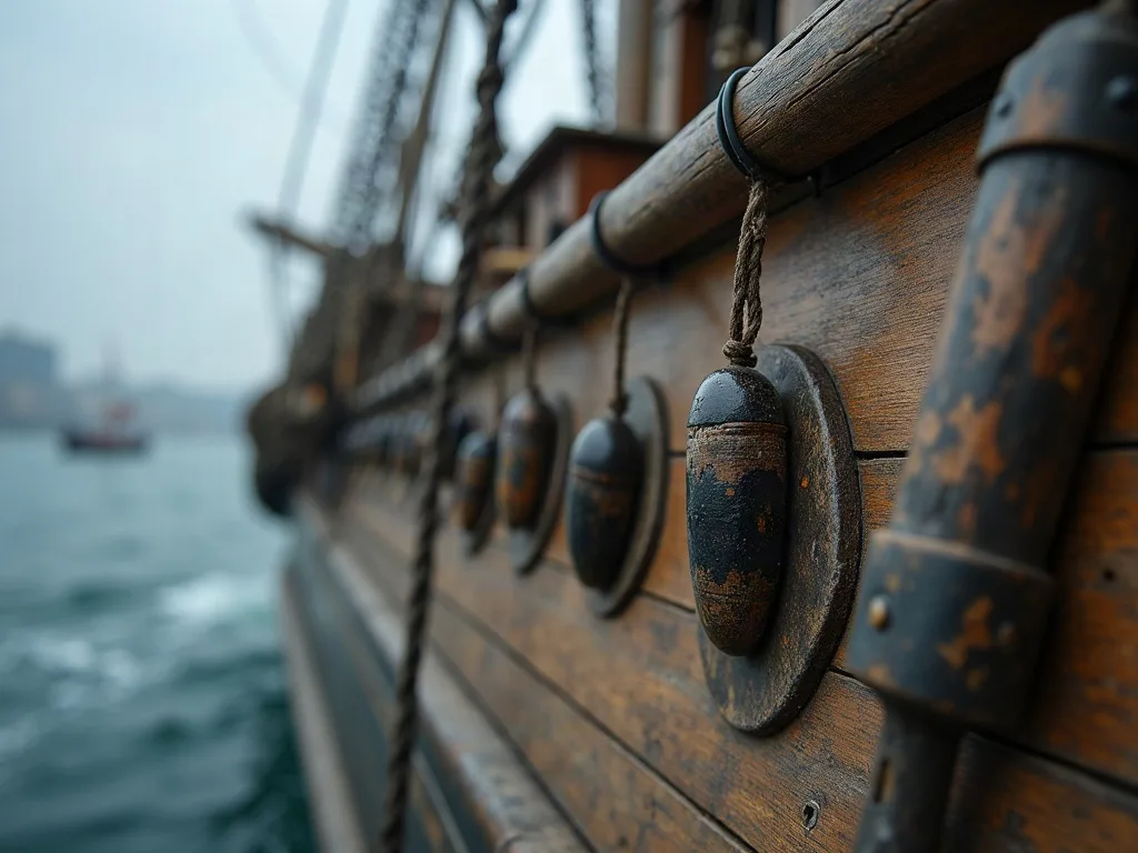 Poulies usées et cordages sur la coque en bois d'un navire ancien, vue depuis le pont vers la mer.