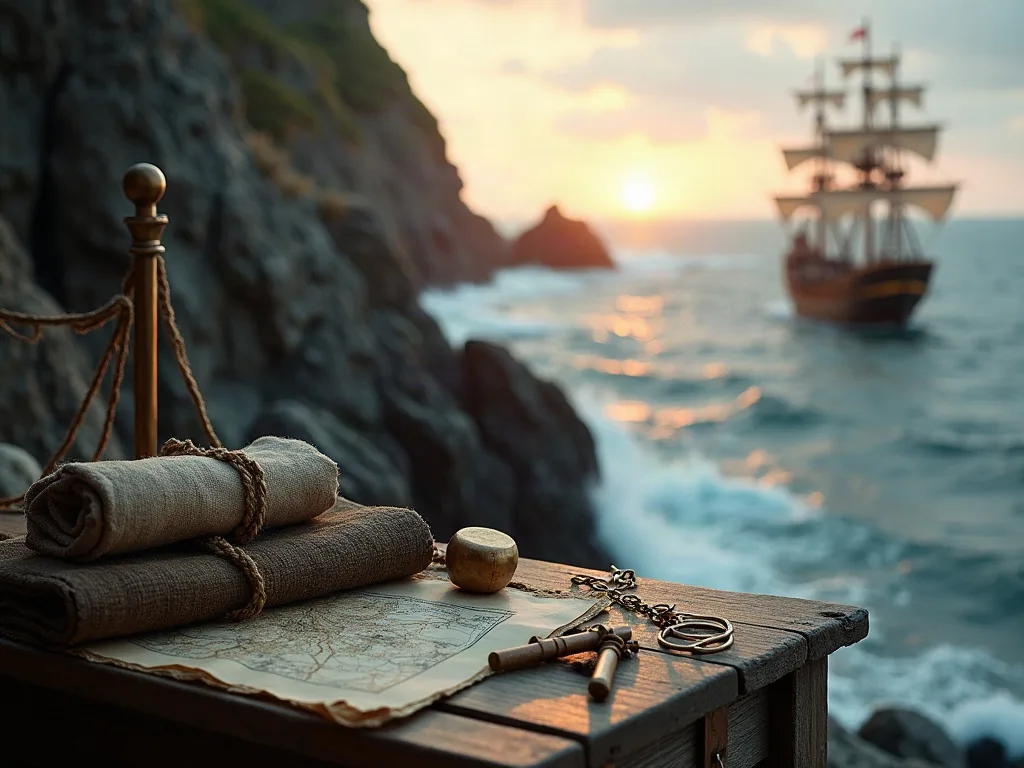 Carte marine, cordes enroulées et instruments de navigation sur une corniche rocheuse face au voilier au coucher de soleil.