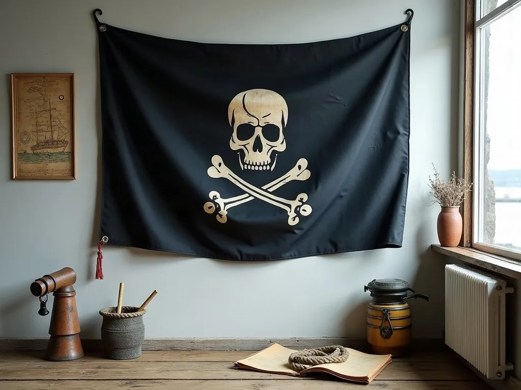 Pavillon noir en toile suspendu à deux crochets, œillets métalliques et carte marine encadrée sur le mur clair.