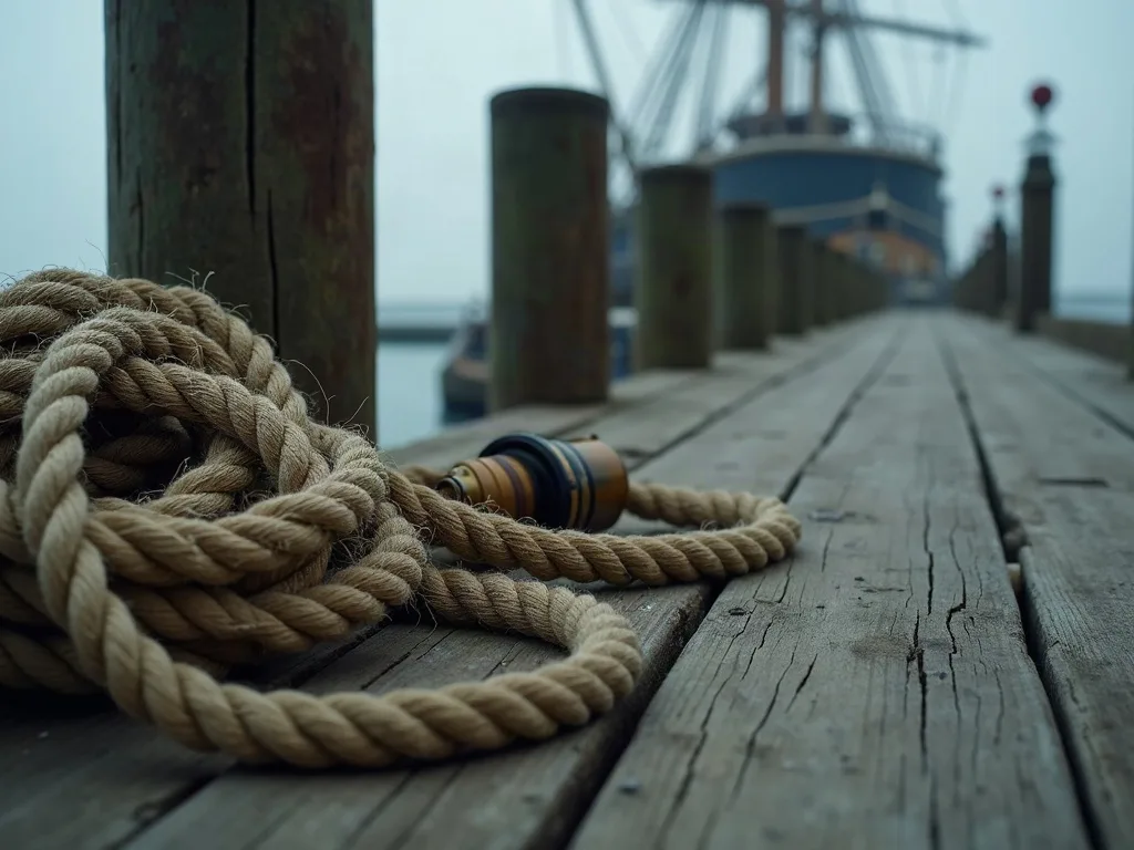 Cordage enroulé sur le bois usé d'une jetée avec bateau et poteaux amarrage en arrière-plan.
