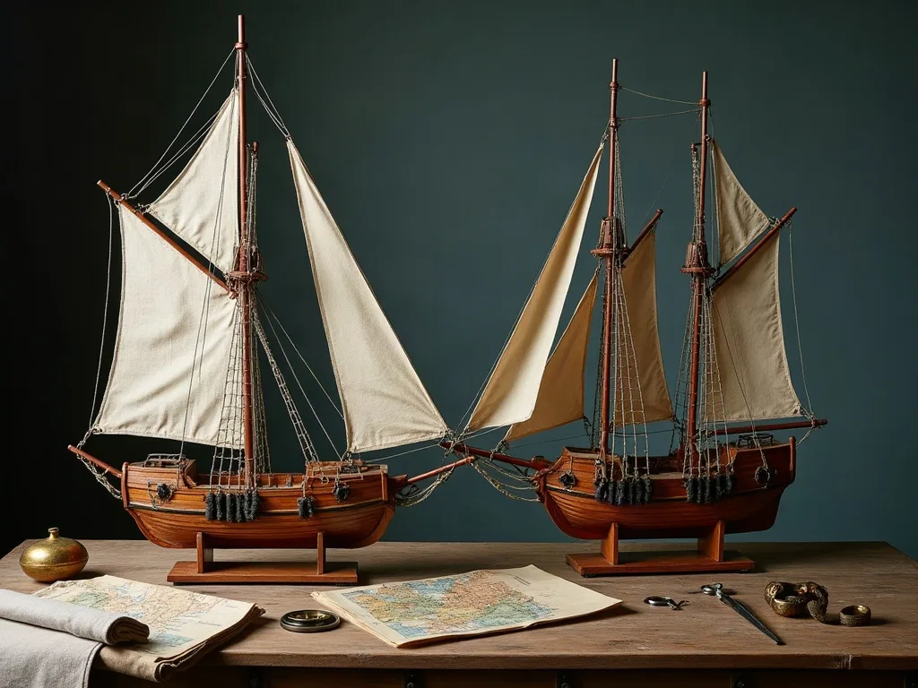 Deux maquettes de voiliers en bois gréées de toile écrue, posées sur leurs socles près de cartes marines et d'un compas.