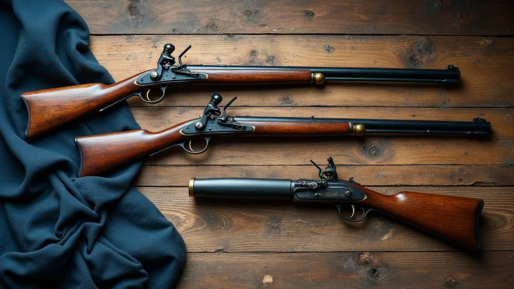 Trois armes à platine à silex alignées sur des planches de chêne usées, du canon long au plus court, crosses en noyer et acier sombre, près d'un drap bleu.