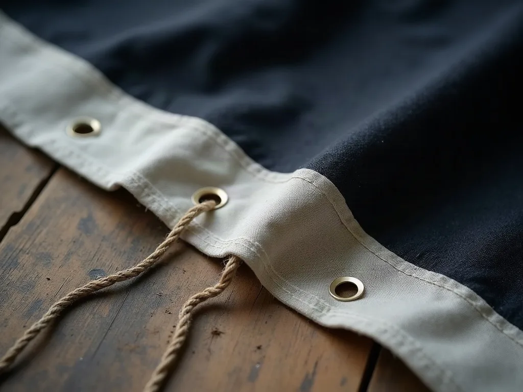 Bande d'entête blanche renforcée, œillets en laiton et cordage fin passé dans l'un d'eux, sur un plan de travail en bois.