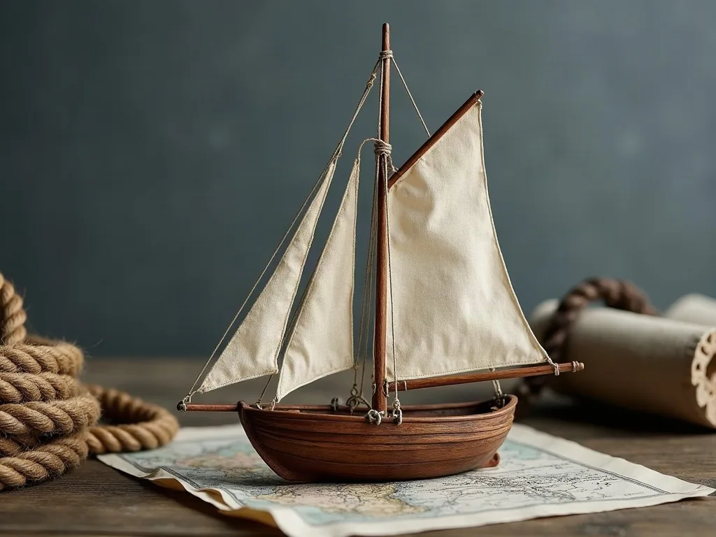 Maquette en bois d'un sloop à voiles de toile écrue, posée sur une carte marine près d'un cordage lové.