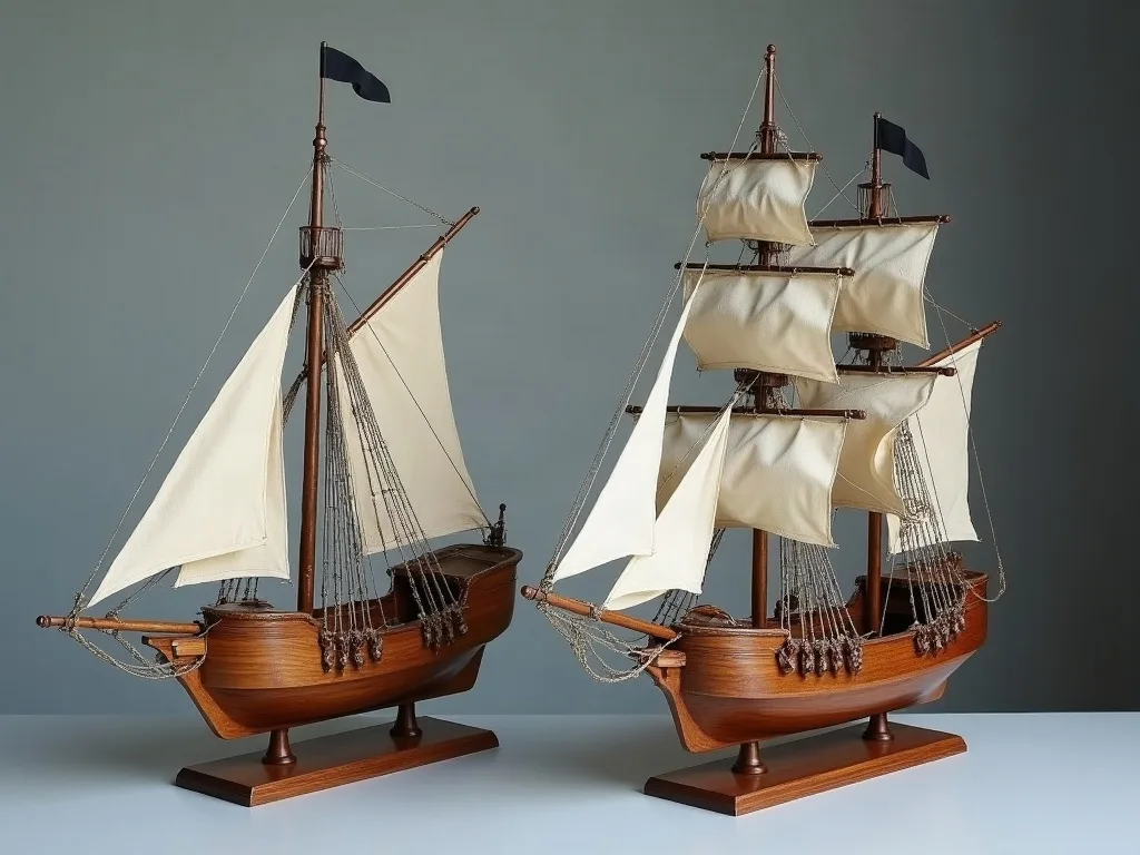 Deux maquettes en bois sur socles: à gauche un mât unique, à droite deux mâts à voiles carrées.