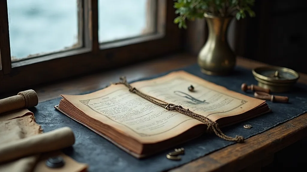 Registre de bord ouvert sur une table de bois patinée, cordage tressé, compas de laiton et rouleaux de cartes près de la fenêtre.