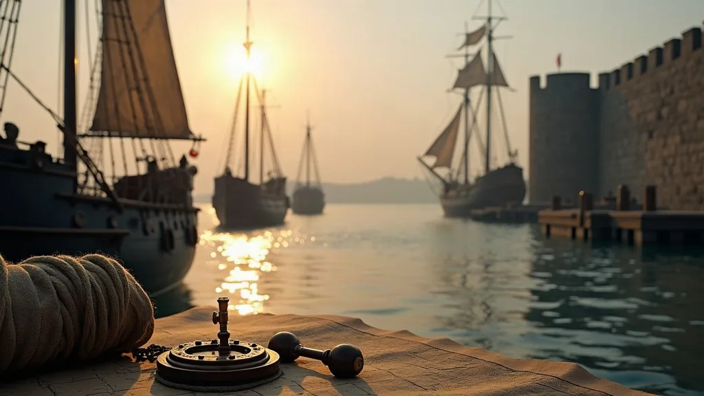 Compas et cordage sur le quai d'un port médiéval, navires à voiles amarrés dans la lumière dorée du coucher de soleil.