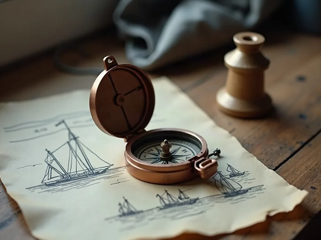 Boussole en plastique cuivré, couvercle ouvert, posée sur un croquis de voiliers à l'encre, table en bois.