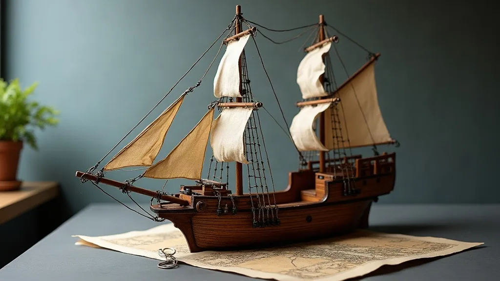Maquette en bois à coque ronde, voiles de toile et gréement fin, posée sur une carte ancienne.