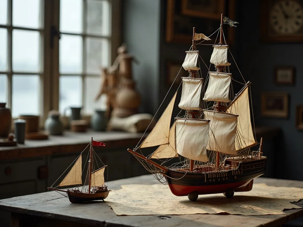 Du sloop à mât unique au grand trois-mâts, deux maquettes voilées posées sur une carte, table d'atelier.