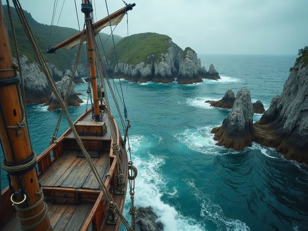 Voilier en bois naviguant près d'une côte rocheuse avec falaises escarpées et eaux turquoise agitées.