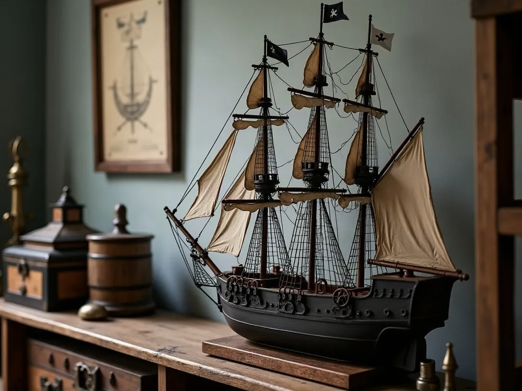 Maquette de trois-mâts à coque noire et voiles beiges posée sur une étagère en bois, près d'un petit coffre et d'un tonnelet.
