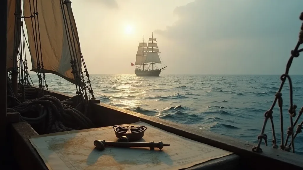Vue depuis le pont d'un navire avec compas et carte, un trois-mâts voilier visible à l'horizon dans la lumière dorée du lever de soleil.