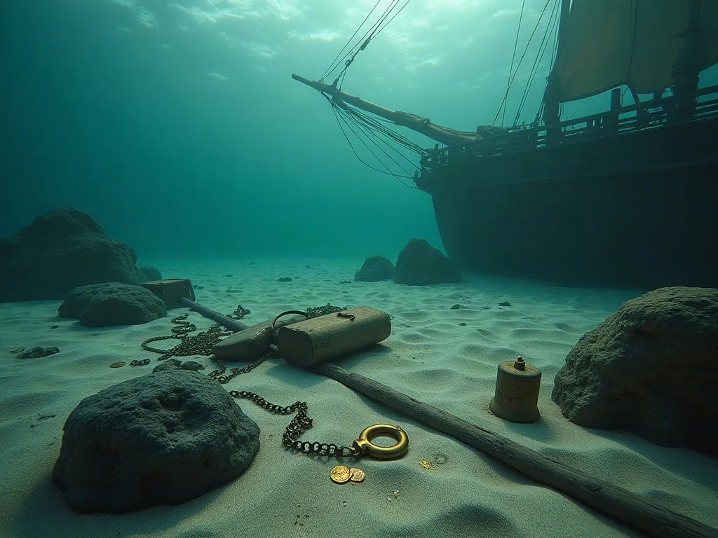 Sur le fond sablonneux, une ancre, des chaînes et quelques pièces d'or affleurent près de la coque d'un voilier.