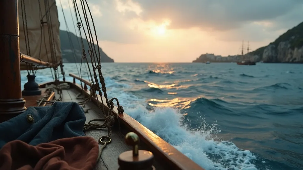 Voilier naviguant en Méditerranée au coucher de soleil avec vagues écumantes et côte rocheuse en arrière-plan.