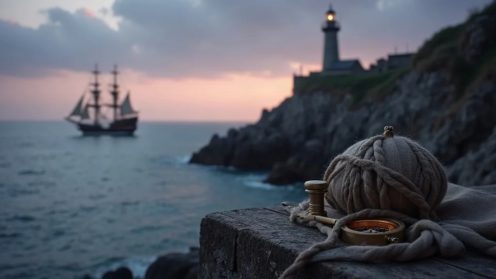 Compas et cordage posés sur la roche au crépuscule, phare et voilier en arrière-plan sur la mer calme.