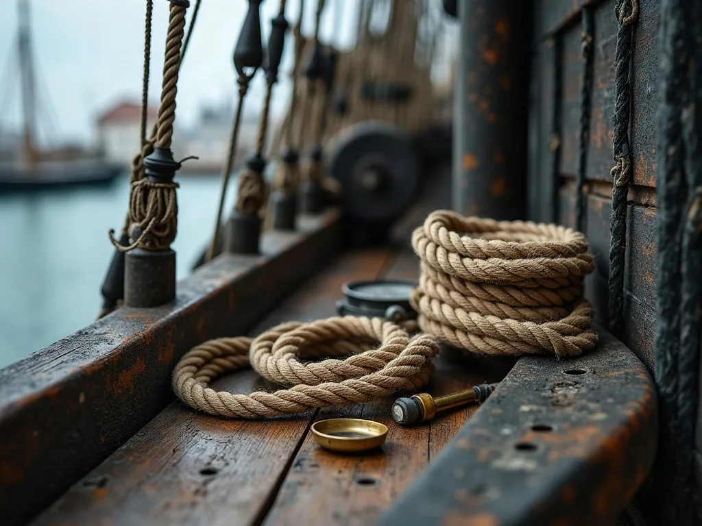 Cordages enroulés et accessoires métalliques sur le pont usé d'un navire ancien, avec l'eau en arrière-plan.
