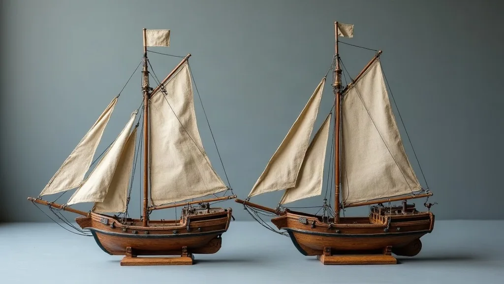 Deux maquettes de voiliers en bois posées sur socles, gréements et voiles de toile écrue comparés côte à côte.