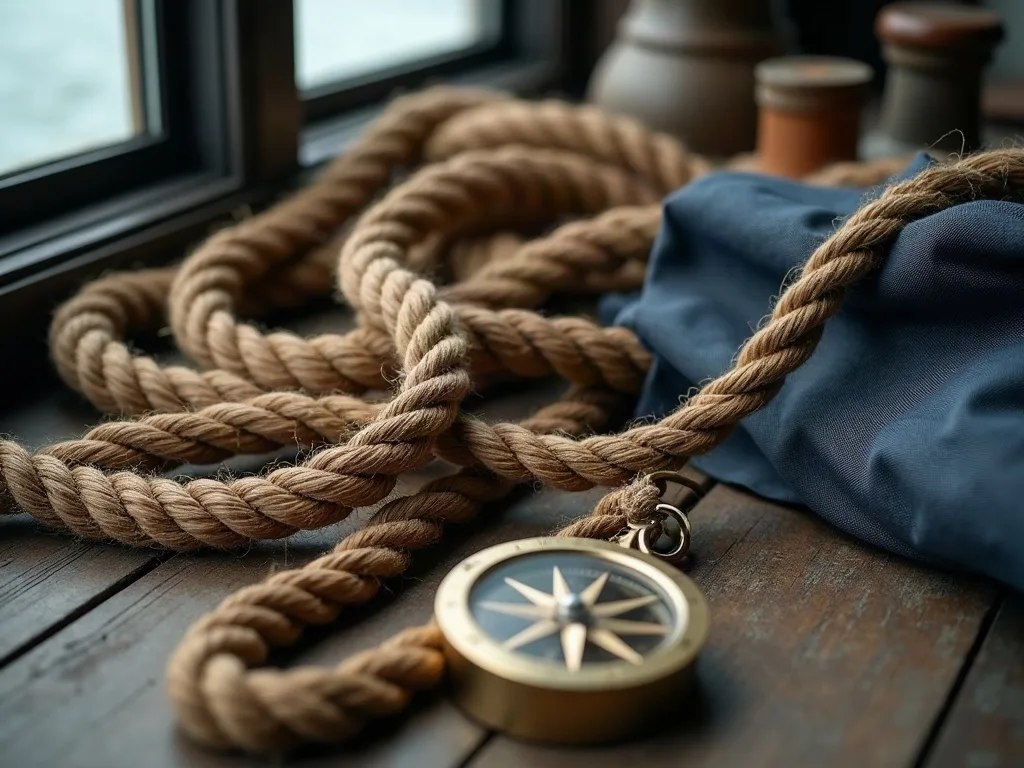 Cordage enroulé sur bois patiné avec compas nautique et tissu bleu, rappelant l'équipement maritime traditionnel.