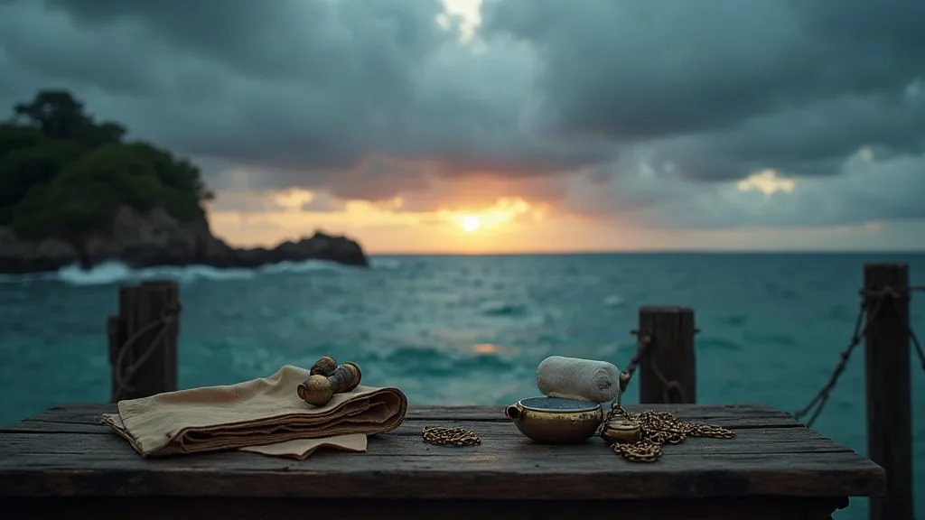 Objets côtiers posés sur une jetée en bois face à la mer agitée au coucher de soleil.