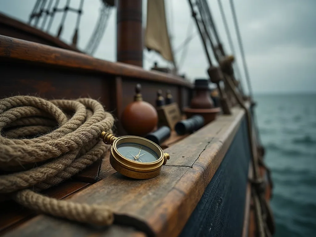 Compas en laiton posé sur le pont en bois d'un navire à voiles, près d'un cordage enroulé.