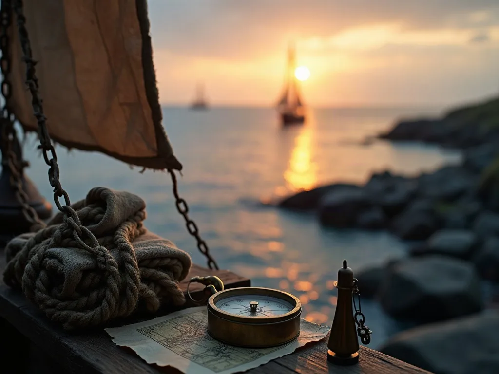 Boussole et carte maritime posés sur un bois, avec voilier au coucher de soleil en arrière-plan et côte rocheuse.