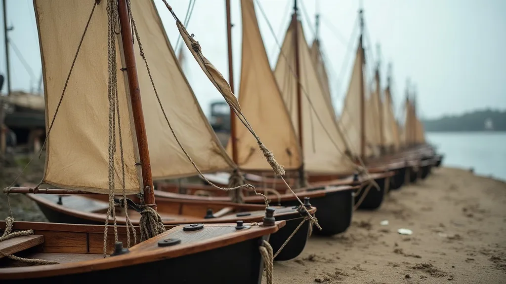 Alignés sur le sable, des dériveurs en bois à coque noire gardent voiles écrues hissées et cordages lovés sur les plats-bords.
