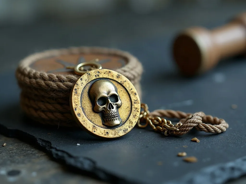 Médaillon doré gravé d'un crâne, posé sur un cordage tressé et une chaîne en laiton, sur ardoise sombre.