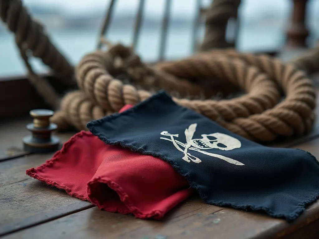 Le pavillon noir à tête de mort et le drapeau rouge, pliés sur le pont près d'un cordage lové.