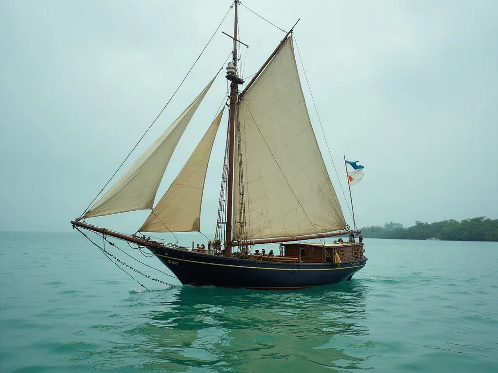 Sloop à coque noire et voilure aurique, longeant à faible vitesse une côte basse bordée de mangrove.