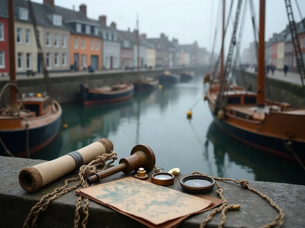 Sur le parapet du quai de Honfleur, longue-vue, compas, carte roulée et cordages face aux voiliers amarrés dans la brume.